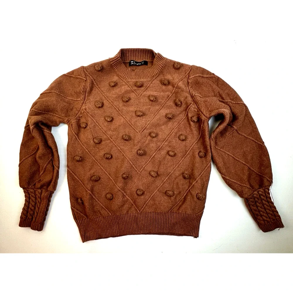 Simplee Sweater Women Small Brown Ball Embellishment Lantern Sleeves Work School